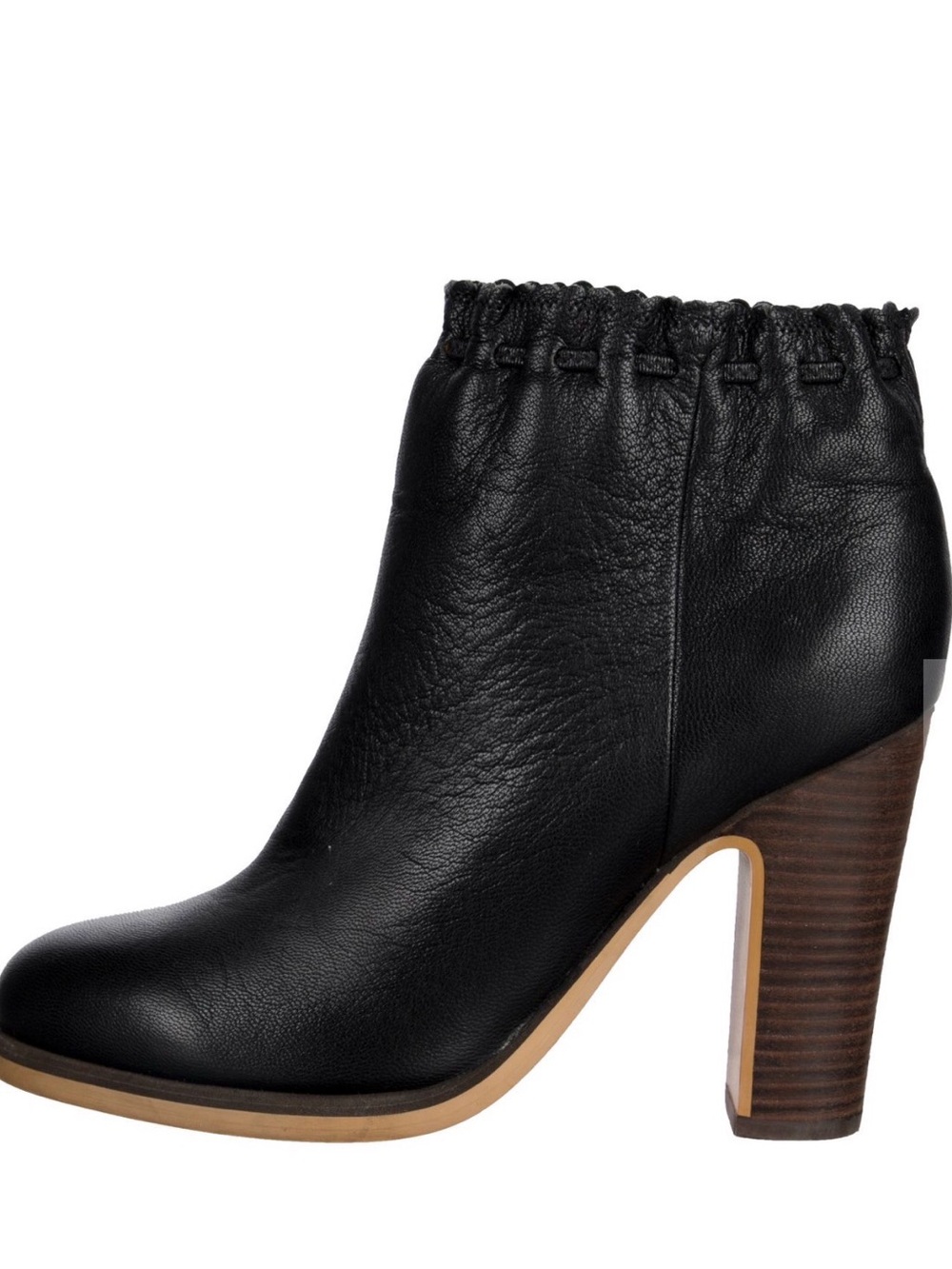 See By Chloe Black Leather Ruched Ankle Boot with Stacked Heel